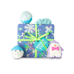 Snow Time. A blue, wrapped gift box with 4 cool, Christmas products around the edge. 