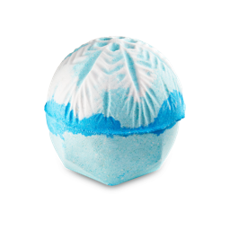 Snowdrift bath bomb. The classic LUSH bath bomb shape with a mix of icy, cool blue tones and a snowflake embossed on top.