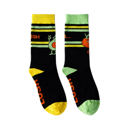 Fresh Values. Black socks with the toe, heel and top striped with bright yellow and green. Socks have an avocado and tomato on. 