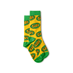 Retro Bubble Lush. Bright yellow socks with a lime green toe, heel and trim covered in the retro lush logo.