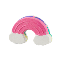Somewhere. A fun bath bomb, topped with pink but visible layers is shaped like the classic arched rainbow complete with fluffy white clouds. 