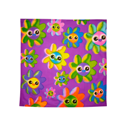 Soopa Frens. This knot wrap has a deep purple background with soft, smiling colourful flowers spotted across the fabric. 