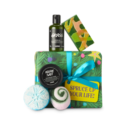 Spruce Up Your Life! CBD. A colourful, wrapped gift box with five pampering products around the edge. 