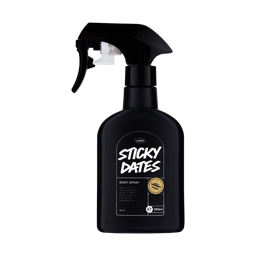 Sticky Dates. The classic, black LUSH body spray bottle with a simple LUSH front sticker with "Sticky Dates" printed.
