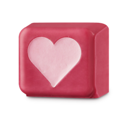Strawberry Heart. A rounded, cube-shaped, red soap with a pale pink heart running through the middle. 