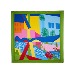 Summer Daydreams. A square knot wrap with a green border. The design is bold, abstract colours creating a vibrant city theme. 