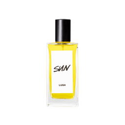 A glass perfume bottle filled with canary yellow liquid. A white label reads 'Sun'.