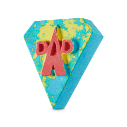 Super Dad! A diamond-shaped, blue and yellow bath bomb with the word "DAD" embossed in red on top. 