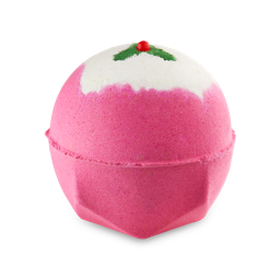 Sweet Pudding. A vibrant pink bath bomb topped with white, showing a tiny holly leaf and berry detail on top. 