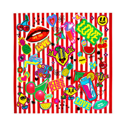 Sweets For My Sweet Knot Wrap. A square wrap with red and white stripes dotted with colourful doodles and sketches.