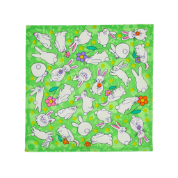 Take Time To Smell The Flowers. A square, green knot wrap covered in lots of happy white bunnies and flowers. 