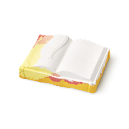 Knowledge. Shaped like an open book. White pages with orange and yellow on the edge of the left page and around the edge.