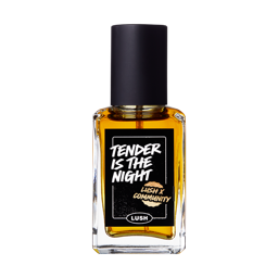 Tender Is The Night. The classic LUSH glass perfume bottle with a black lid and a sticker printed with "Tender Is The Night".