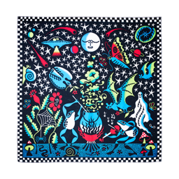 The Gathering. An abstract knot wrap with a checkered border, depicting two frogs around a cauldron with extravagant details.