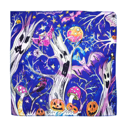 The Haunted Forest Knot Wrap. This Knot Wrap shows a dark, starry night with three haunted trees, bats and pumpkins.