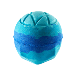 The Hexagon. A classic LUSH bath bomb with mixes of deep sea blue and turquoise blue. There is an embossed criss-cross shape on top. 