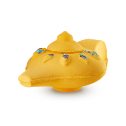 The Wishing Lamp. A playful yellow bath bomb in the shape of an Aladdin-style wishing lamp with removable lid.