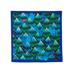 There's A Bear Over There. A square knot wrap with a blue border depicting a blue and green mountain, tree pattern with a single, small orange bear. 