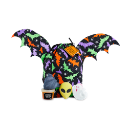 They Only Come Out At Night gift. A draw-string bag with bat wings, patterned with colourful bats in front of three products.