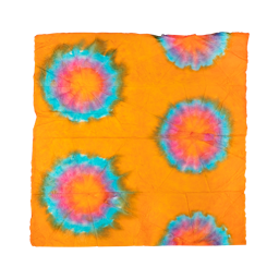 A square Lokta Wrap with orange, red and blue tie-dyed designs all over.