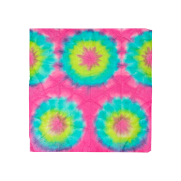 A square Lokta Wrap with pink, green and blue tie-dyed designs all over. 