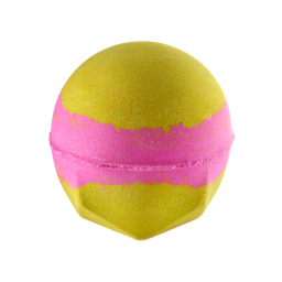 Time Of The Season. A classic LUSH bath bomb shape with a bright, canary yellow top and bottom with a band of vivid, hot pink strip around the middle. 