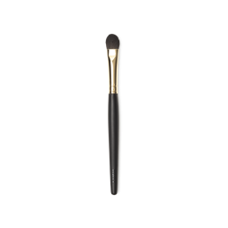 To The Point Brush. A concealer brush, with tapered brown, flat, densley packed  bristles. A gold and dark wooden handle.