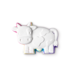 Toby's Magic Cow. A white, cow shaped character bath bomb, edged in all the colours of the rainbow.