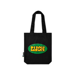 Retro Bubble Lush. A black tote back with a lime-green oval in the centre with the retro, yellow LUSH font. 