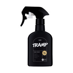 Tramp. The classic, black LUSH body spray bottle with a simple LUSH front sticker with "Tramp" printed.