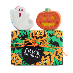 Trick or Treat gift. A rectangle box with colourful paper and orange string. Ghostie and Punkin Pumpkin bath bomb sit atop.