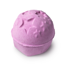 Twilight. A round, pink bath bomb, with cut out and embossed moon and stars decorating its top section.