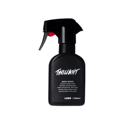 A spray bottle containing Twilight body spray, made of opaque black Lush plastic.