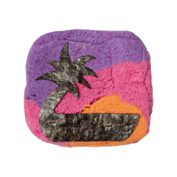 Twilight Bubble bar. A square with purple, pink and orange to form a sunset. On top is a seaweed palm tree and beach silhouette.