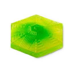 UFO shower jelly. A hexagonal-shaped, luminous green shower jelly with spaceship details.
