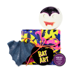 Bat Art gift, bats scatter over a night sky blue and pink background with a yellow moon and stars on a square gift box.