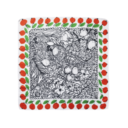 Under The Orange Tree. A square knot wrap with a white base and orange fruit border. The centre is a black and white sketch-style illustration citrus fruits, vine and leaves 