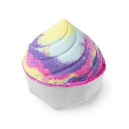 Unicorn Poop. An ice cream-shaped bath bomb with a white base and a swirl design that is bursting with pastel rainbow colours.