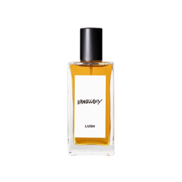 A glass perfume bottle filled with dark amber liquid. A white label reads 'Vanillary'.
