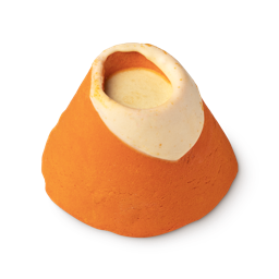 Vesuvio Bubble Bar. Shaped like an orange volcano with a cream dipped top and cream coloured filling when looking in the top.