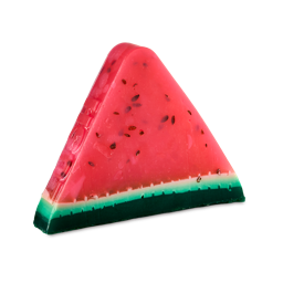 Watermelon Slice. A thick slice of triangular soap designed to look like exactly like a watermelon slice, complete with a large, deep pink top, a green rind and seeds.