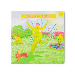Weird Dad. A fun, colourful, abstract card showing three happy fathers on a front lawn enjoying the sunshine in various ways. 