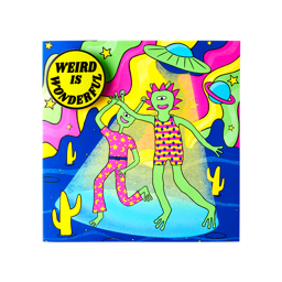 Weird is Wonderful gift card. A Square card in vivid, neon colours shows two alien friends in space. It has a yellow pin badge. 