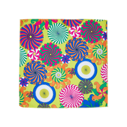 Whirly Swirly. This knot wrap shows multiple colourful, pinwheel-style, almost psychedelic, swirling circles on a calm green.