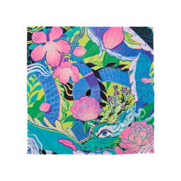 Wild Spirit Knot Wrap. A square wrap with pink flowers and a traditions, blue Chinese dragon amongst the leaves. 