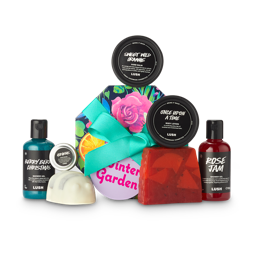 Winter Garden. A hexagonal-shaped gift box with seven LUSH pampering products around the edge. 