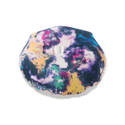World's Smallest Disco. An almost flattened circle-shaped bath bomb with a white base and scattered fleck of black, blue, pink and yellow. The word "LUSH" is embossed on top. 