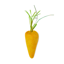 Baby Rainbow Carrot. A bubble bar shaped like a perfect yellow carrot complete with green raffia leaves on top. 