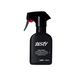 A spray bottle containing Zesty body spray, made of opaque black Lush plastic.
