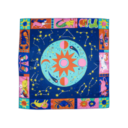 Zodiac. This astrology-themed knot wrap has a border of all the zodiac sign characters, constellations and a lunar cycle centre.